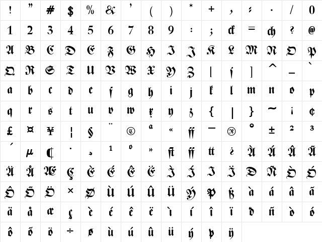 Zentenar Fraktur Bold Character Map
