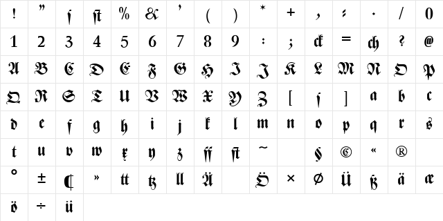 Zentenar-Fraktur Halbfett Medium Character Map