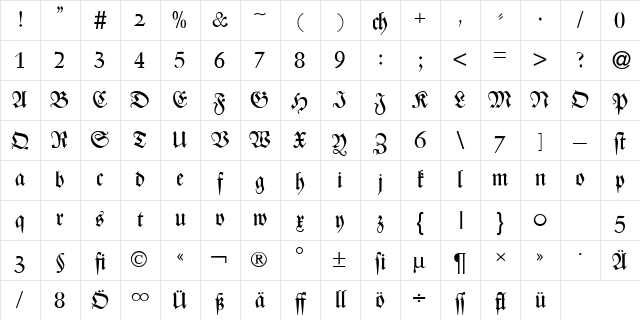 ZenturyDB Bold Character Map