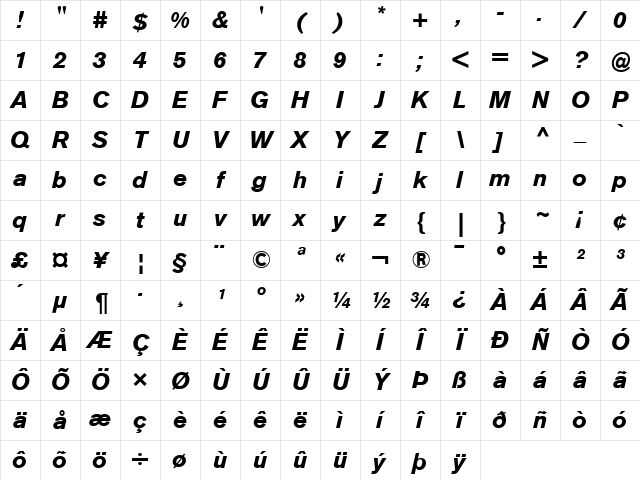 Berthold Akzidenz Grotesk BE Bold Italic Character Map