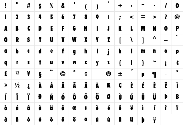 Zinco-ExtraBlackCondensed Regular Character Map