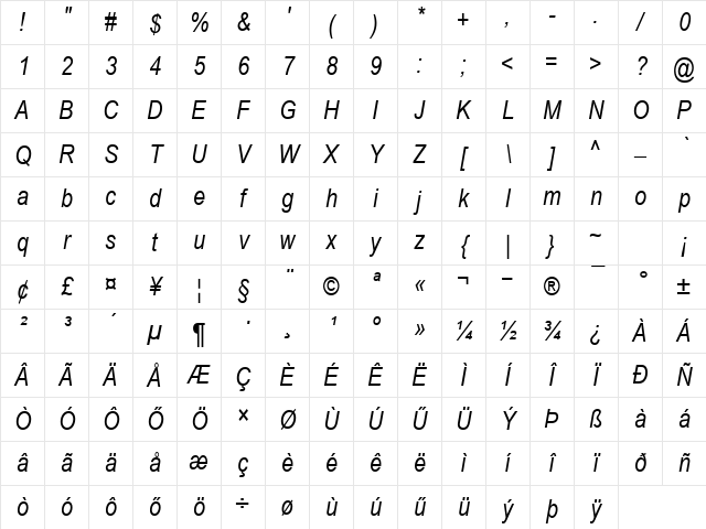 Arial Narrow Hu Italic Character Map