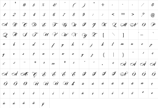 Zither Script Regular Character Map