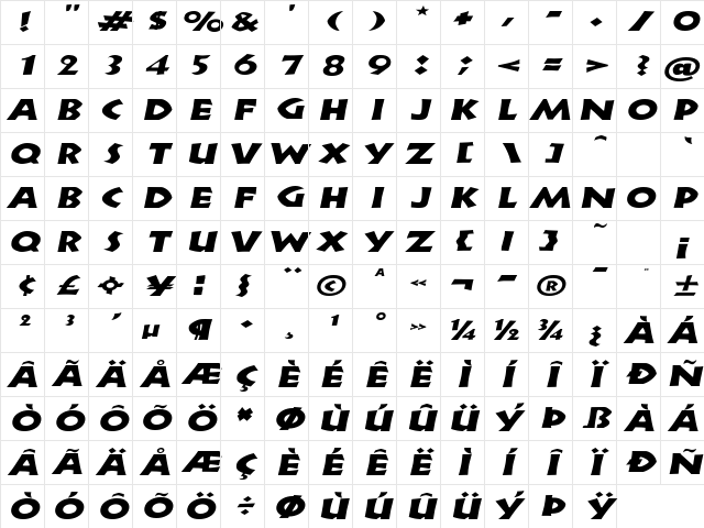 ZorbaExtended Italic Character Map