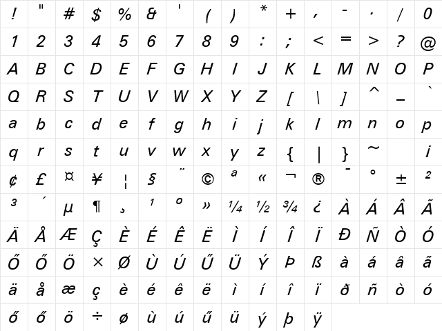 Zurich HU Italic Character Map