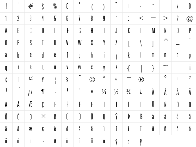 Zurich-LightExtraCondensed HU Normal Character Map