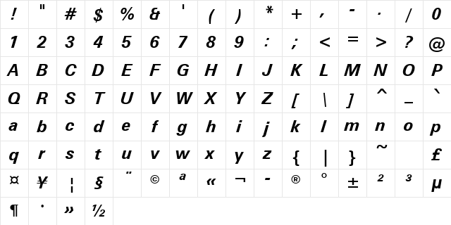 ZurichGreek BT Bold Inclined Character Map