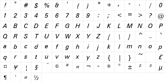 ZurichGreek BT Inclined Character Map