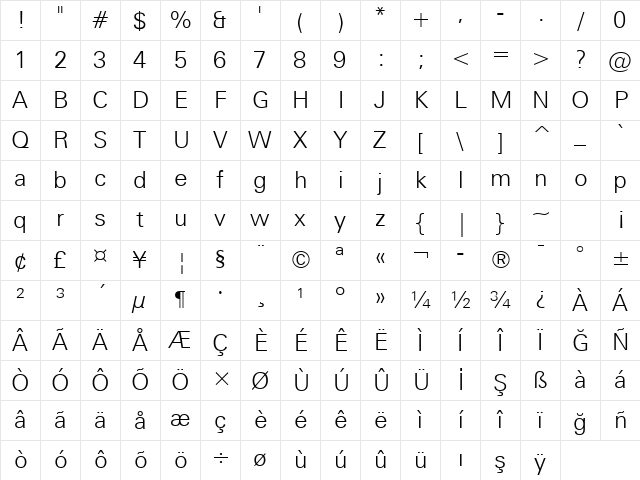 Zurich Light BT Character Map