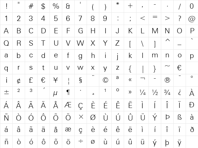 Zurich Lt BT Light Character Map