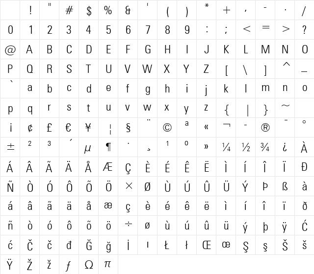 Zurich LtCn BT Light Character Map