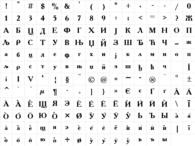 Cir Academy Bold Character Map