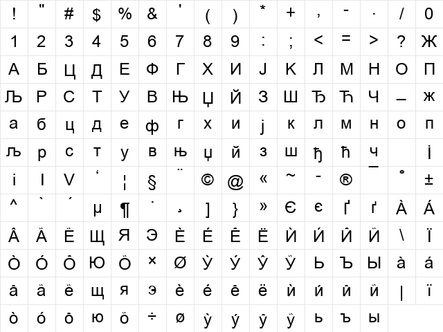 Cir Arial Regular Character Map