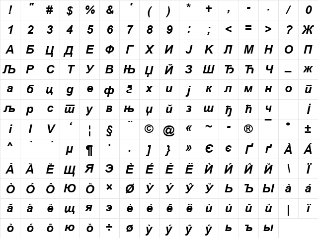 Cir Arial Bold Italic Character Map