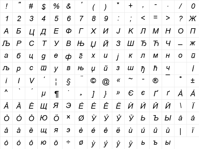 Cir Arial Italic Character Map