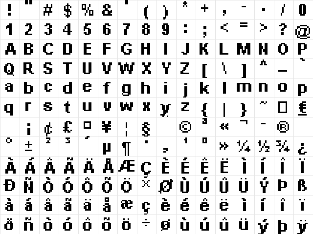 _px Arial 8pt bold Regular Character Map