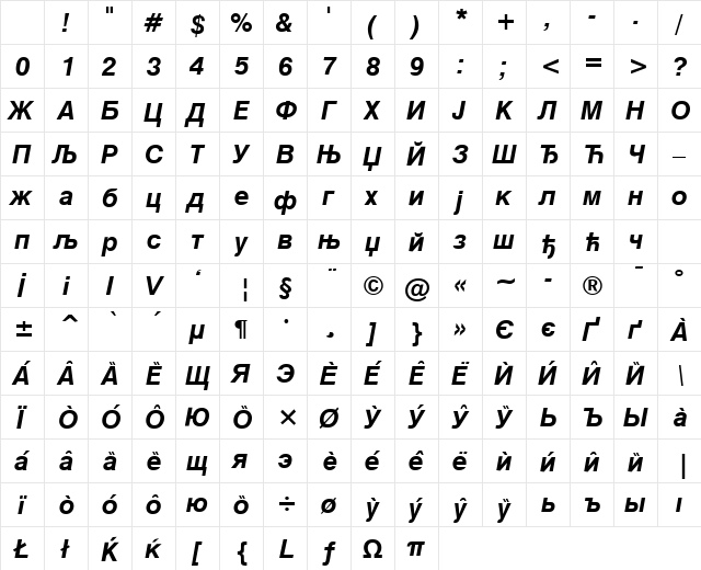Cir Swiss Bold Italic Character Map