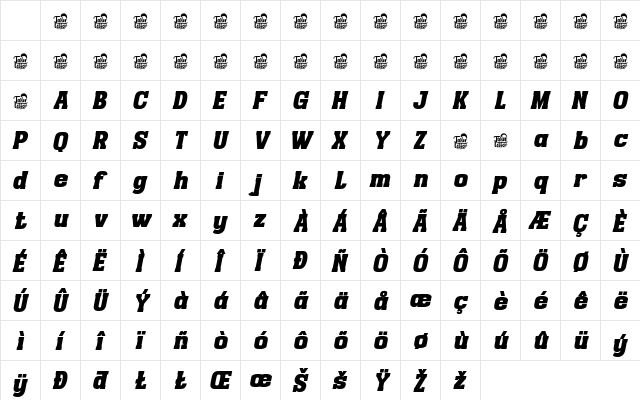 BESTVALL Slab Slant Regular Character Map BESTVALL Slab Slant Regular Character Map