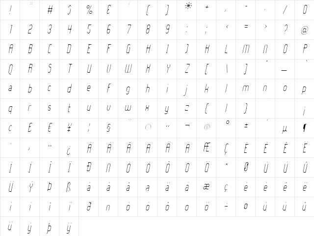 Lady Ice - Extra Light Italic Character Map