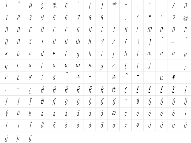 Lady Ice - Light Italic Character Map