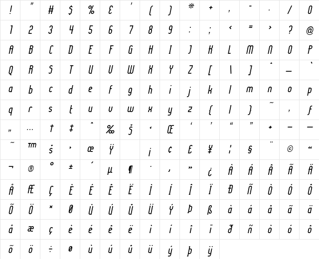 Lady Ice Italic Character Map