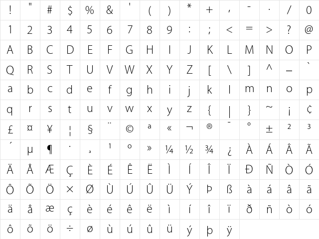Adobe Corporate ID Myriad Light Character Map