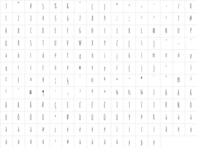 Agenda ThinUltraCondensed Character Map