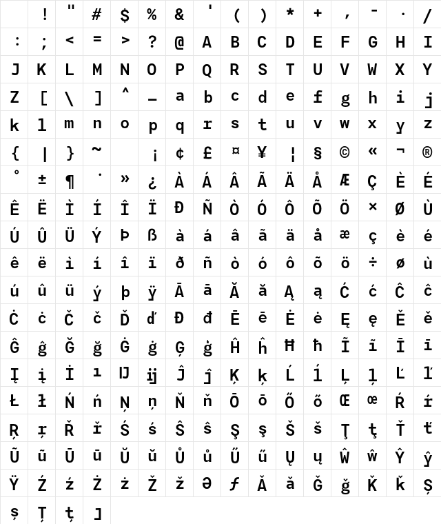 Agyx Mono Semibold Regular Character Map