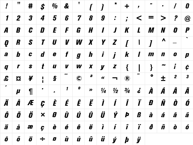Berthold Akzidenz Grotesk BE Extra Bold Condensed Italic Character Map