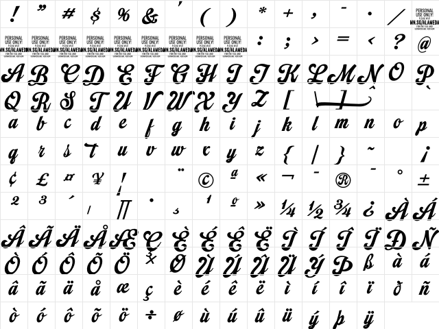 Alameda Script PERSONAL USE Regular Character Map