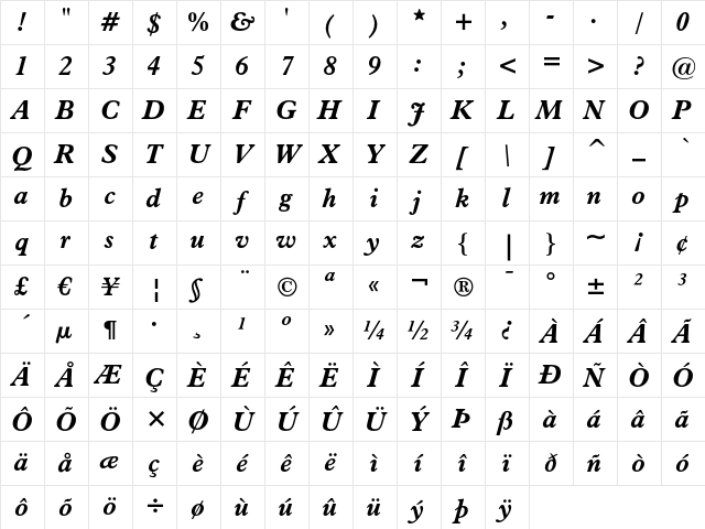 Aldine 721 Bold Italic Character Map