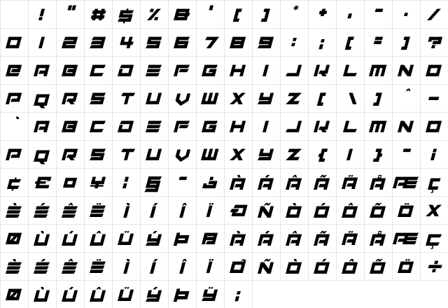 Alien Remix Italic Character Map