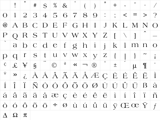 Americana Font Character Map