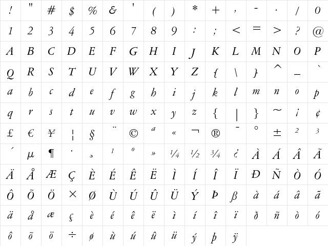 American Garamond Italic Character Map