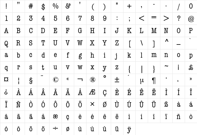 AmericanTypewriterCondensedBQ Regular Character Map