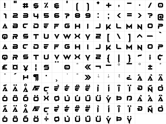 Angas Bold Character Map