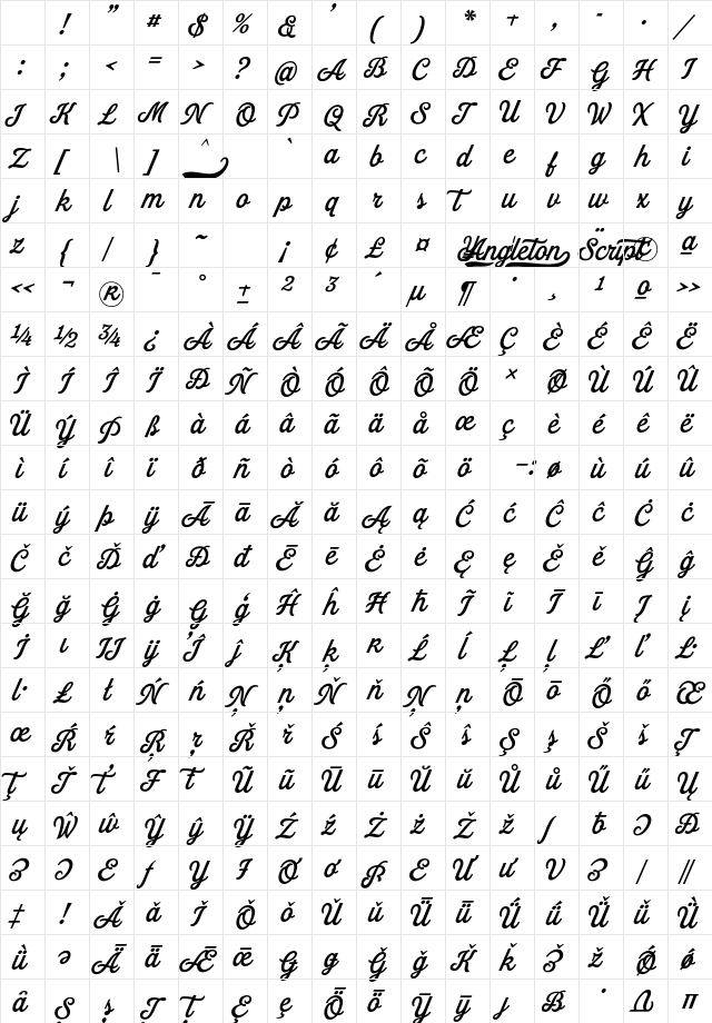 Angleton Script PERSONAL USE Regular Character Map