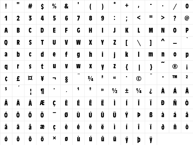 Antique Olive T Bold Condensed Character Map