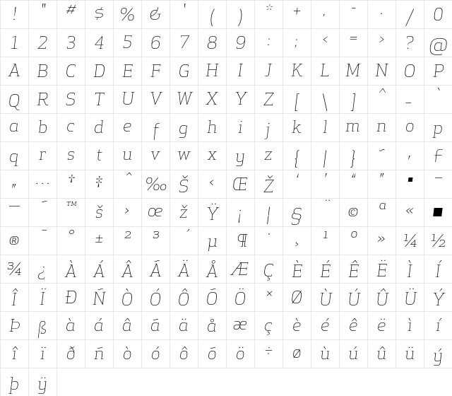 Apex Serif Light Italic Regular Character Map