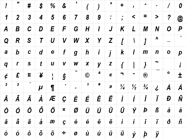 Arial Narrow Bold Italic Character Map