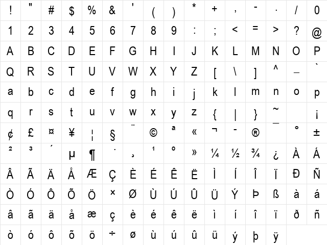 Arial Narrow Regular Character Map