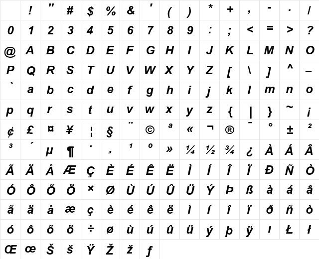 Arial MT Bold Italic Character Map Arial MT Bold Italic Character Map