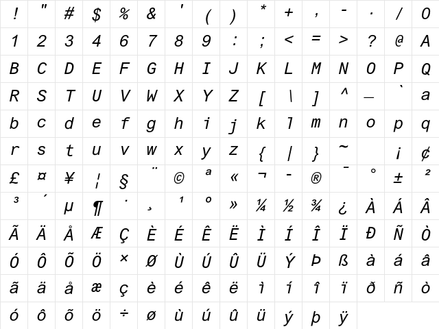 Arial Monospaced MT Std Oblique Character Map Arial Monospaced MT Std Oblique Character Map