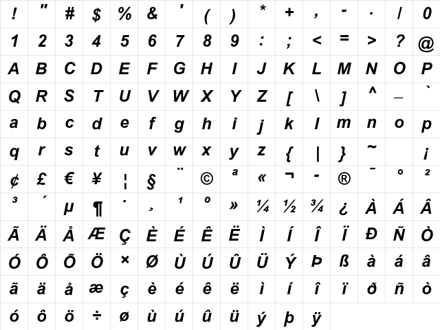 Arial MT Std Bold Italic Character Map