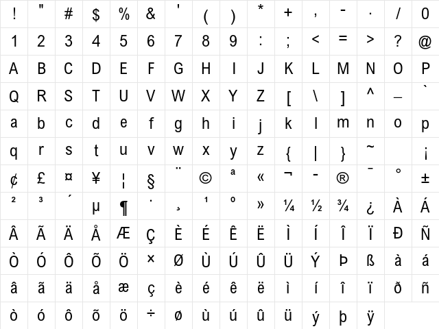 Arial MT Std Cond Character Map Arial MT Std Cond Character Map
