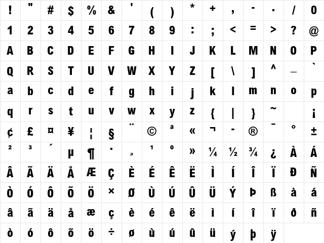 Arial MT Std Extra Bold Cond Character Map