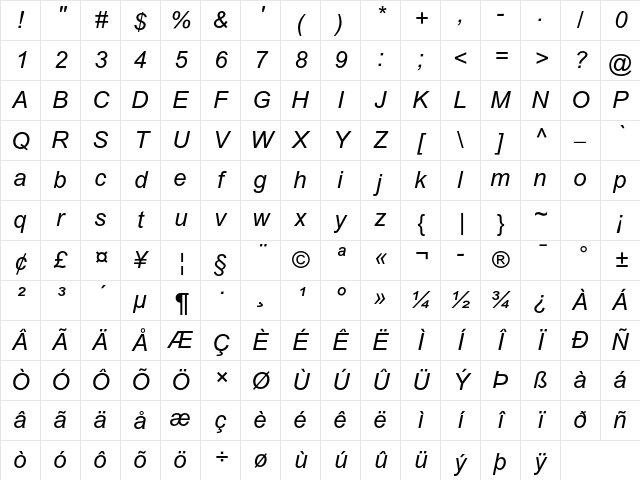 Arial MT Std Italic Character Map