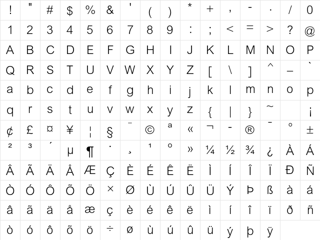 Arial MT Std Light Character Map