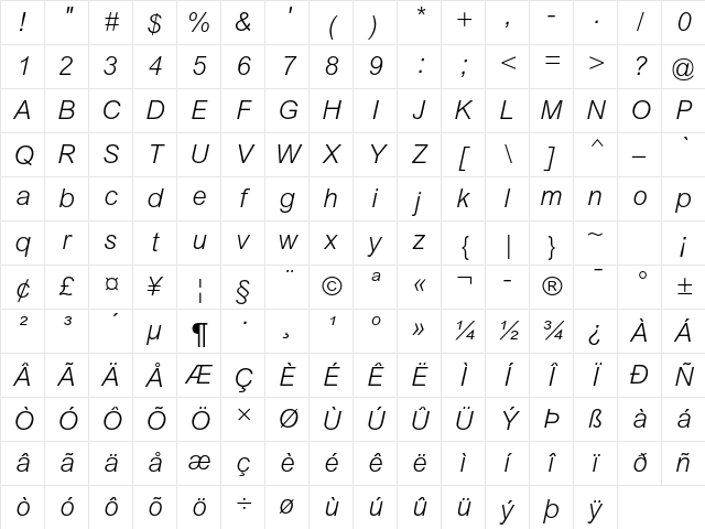 Arial MT Std Light Italic Character Map