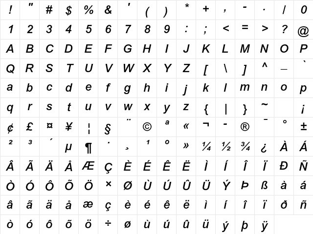 Arial MT Std Medium Italic Character Map